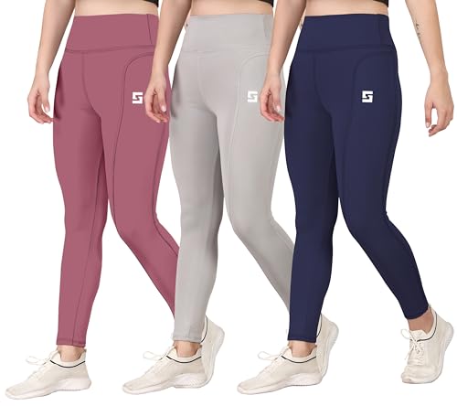 Image of Women's Polyester Blend Legging with High Rise Solid Design and Side Pocket | Stretchable Fitness Bottomwear for Gym, Yoga, Running, Cycling and Workout Sessions