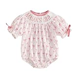 Ursobutegl Newborn Baby Girl Romper Mamas Mini Bow Plaid Print Puff Sleeve Smocked Bubble Romper Jumpsuit Bodysuit Clothes (White, 0-3 Months)
