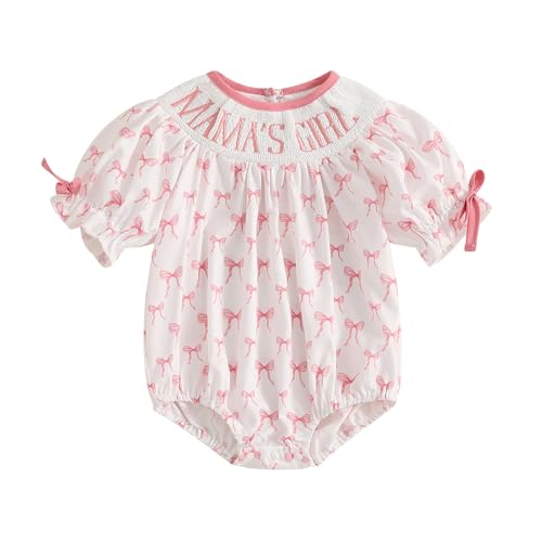 Image of Ursobutegl Newborn Baby Girl Romper Mamas Mini Bow Plaid Print Puff Sleeve Smocked Bubble Romper Jumpsuit Bodysuit Clothes