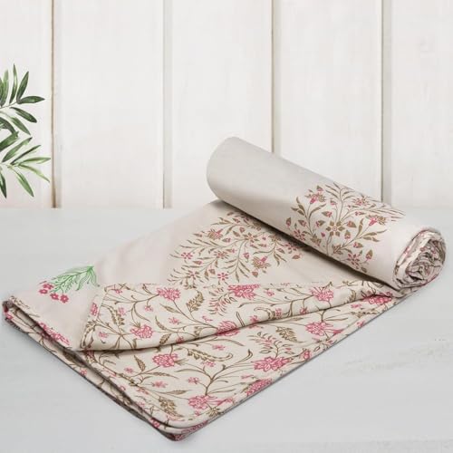 Image of HUESLAND 100% Cotton Reversible Dohar Single Bed Cotton | Soft Cambric Weave, Lightweight AC Blanket for Summer & All Weather Use | 56 x 89 inches, Botanical Fusion - Ivory, Brown & Pink