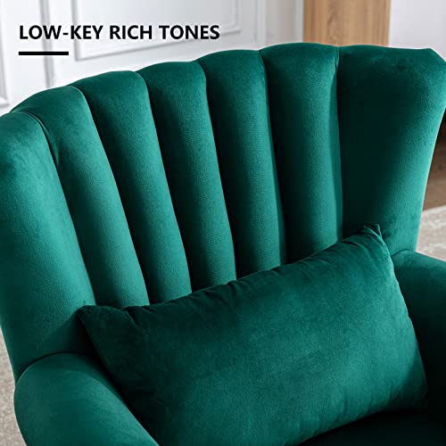 Hyfirm Accent Chairs For Living Room Mid Century Modern Reading Arm Chair For Bedroom, Velvet Upholstered Club Chair Single Sofa Chair With Tufted Back, Tapered Rubber Legs And Lumbar Pillow, Green #TOP5