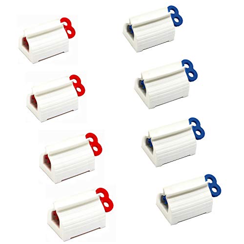 LONG TAO 8PCS Standing Tube Squeezer Rolling Tube Toothpaste Squeezer Toothpaste Seat Holder Stand Rotate Toothpaste Dispenser for All Toothpaste Tube (4 Blue and 4 Red)