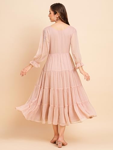 Image of RATAN Women's Floral Embroidered Puff Sleeve Chiffon Flared Tiered Kurta Gown Maxi Dress