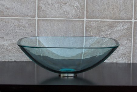 1/2" Thick Clear Square Glass Vessel Sink + Brushed Nickel Waterfall Faucetn4 + Free Pop Up Drain & Mounting Ring #TOP4