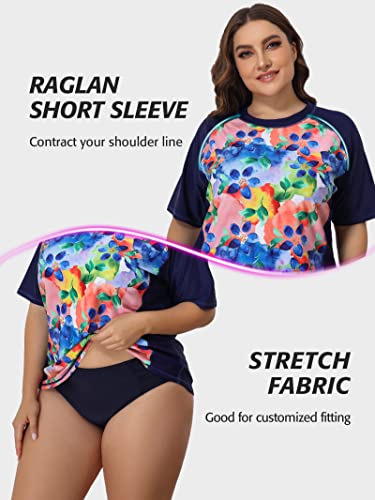 Attraco Swim Shirt Plus Size Rash Guard Sun Shirt Short Sleeve Blue Printed Swimsuit Navy 3X #TOP3