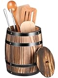 GlikCeil 8' x 6.5' Wine Barrel Design Kitchen Utensil Crock with lid Large Wood Cooking Tool Holder for Kitchen Counter Rustic Organizer for Spatula Whiskey Barrel Storage Container Planter Decoration