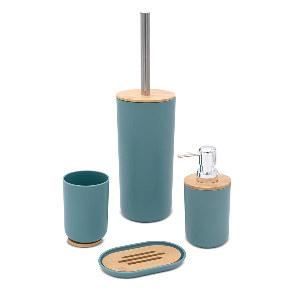 Inbagno Set Bagno Accessori Completo – 4 Pezzi, Kit Accessori appoggio in ABS e Legno bambù, Include Dispenser, portaspazzolini, portasapone e scopino WC, Linea Surf