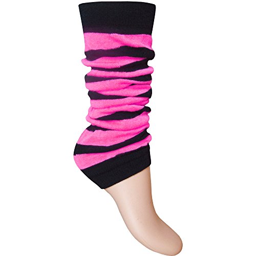 Calentadores de piernas para mujeres y niñas, de colores fluorescentes, de rayas, de ajuste cómodo al tobillo, de la marca B&S Trendz Rosa Black & Neon Pink Talla única