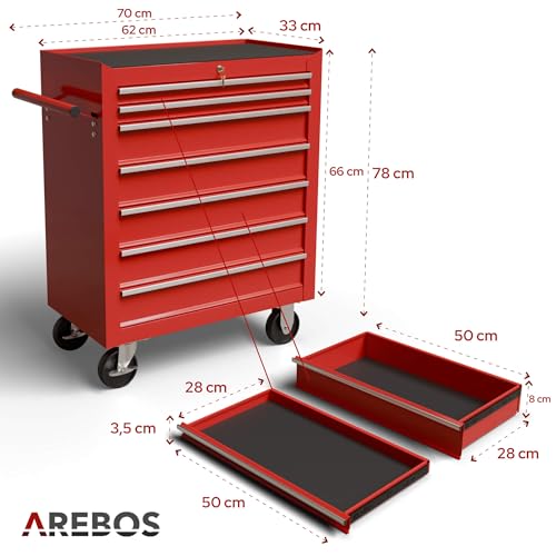 Arebos Werkstattwagen 7 Fächer/zentral abschließbar/Anti-Rutschbeschichtung/Räder mit Festellbremse/Massives Metall/rot, blau oder schwarz (Rot) - 2