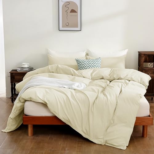 FANSTIVE Duvet Cover Set 100% Washed Cotton Linen Like Soft Comfy Breathable 3 Pieces Bedding Comforter Cover with Zipper Closure, No Comforter (King 104x90, Cream White) by FANSTIVE - Image 2