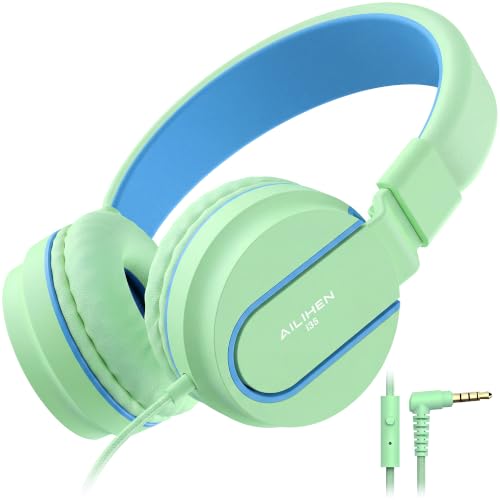 Image of AILIHEN I35 Kids Headphones for School with Mic, 93dB Safe Volume, Green | Wired On Ear Headphones for Kids Girls, Foldable Lightweight Headphone for Classroom Learning & Entertainment Travel Computer