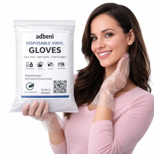 Image of adbeni Vinyl Disposable Gloves | Powder-Free & Latex-Free | Clear Premium | Food-Safe, Water-Resistant, Ambidextrous | Kitchen, Cleaning, Cooking, Salon, Travel, Home & Professional Use | 25 Pcs