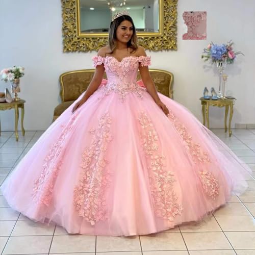 XYAYE Women's Off Shoulder Quinceanera Dresses 3D Flowers Puffy Ball Gown Lace Beaded Prom Dress for Sweet 15 16 XY0693