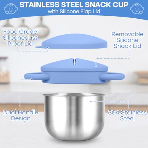 Image of 2-Pack Stainless Steel Snack Cup for Toddlers Spill-Proof, Baby Food Containers with Removable Silicone Lids & Handles | Dishwasher Safe, BPA-Free On-the-Go Kids Snack Containers Box