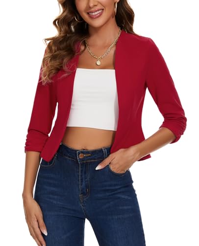 MINTLIMIT Womens Casual Blazers Cropped Work Office 3/4 Ruched Sleeve Suit Jacket Casual Fitted Collarless Blazers, Red, XL4