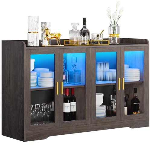 DWVO 55'' Sideboard Buffet Cabinet with LED Light, Coffee Bar Cabinet with 4 Doors & Adjustable Shelves for Kitchen, Dining Room, Living Room, Charcoal Grey