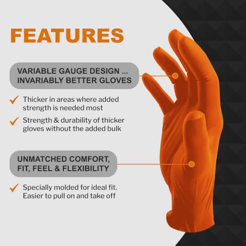 Image of PermaSafe HD Orange Nitrile Gloves | Extreme-Duty 8+ Mil, Industrial Grade Protection | Powder & Latex-Free Nitrile Gloves with Raised Textured Grip | Ideal for Mechanics, Construction, All HD Uses