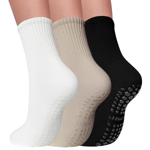 Image of 3 Pairs Pilates Socks with Grips for Women Non Slip Grip Socks for Yoga Barre Hospital Workout