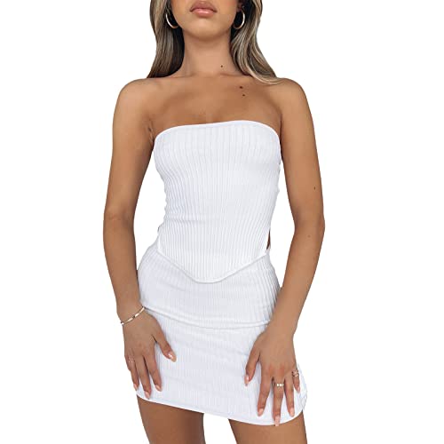 Ensemble jupe tube sans bretelles sexy en maille tricot ajouré blanc XL