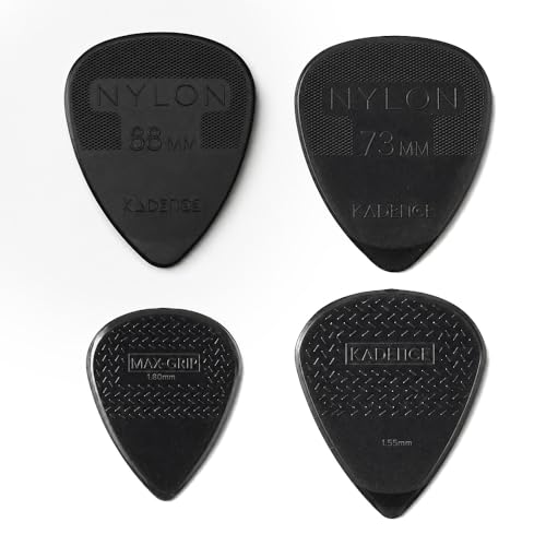 Image of Kadence NG4 Jamming Series Nylon Guitar Picks (Pack of 4) | 0.73, 0.88, 1.55 & 1.80mm Plectrums | Anti-Slip Grip for Precision Control | For Acoustic, Electric & Bass Guitars | Black