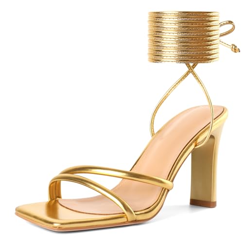 Image of Joseywade Chunky Heels For Women Lace Up Tie Up High Heel 3.5 inch Heeled Sandals Open Toe Shoes