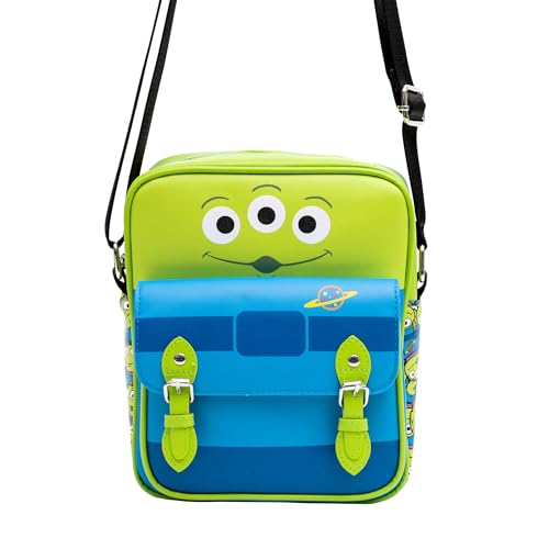 Disney Vegan Leather Crossbody Bag with Front Pocket, Toy Story Alien Bodice and Stacked Aliens Green Blue, 7.5" x 9"4