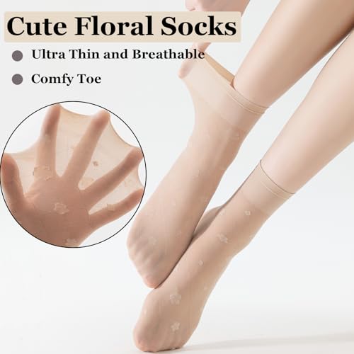 Image of VIBCICY 12 Pairs Womens Sheer Nylon Ankle Socks,Nude Thin Tight Stockings for Summer,See Through Silk with Mesh Floral Crew Socks