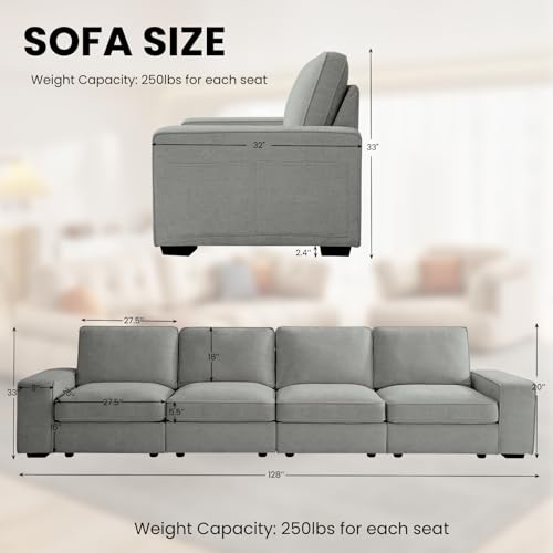 Image of TEKAMON 128 inch Modular Sofa Couch with Seat Storage, Chenille Sofa,Modern Comfy 4-Seater Couch for Living Room, Office, Apart W /Deep Seat, Wide Armrest, USB, Pockets, Removable Covers (Light Grey)