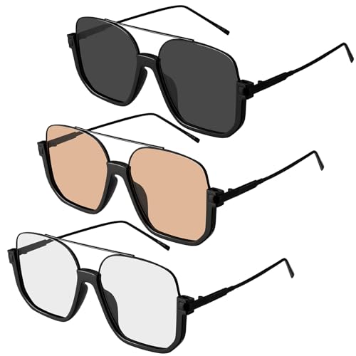 3 Pcs Retro Oversized Aviator Sunglasses for Women Men Square Semi Rimless Sun Glasses 70s Vintage Trendy Shades