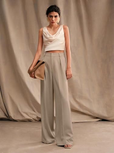 Image of KOTTY Women's High Waist Wide Leg Trousers | Solid Relaxed Fit Pants for Office, Casual Soft Flowing Polyester Blend Pants for Women