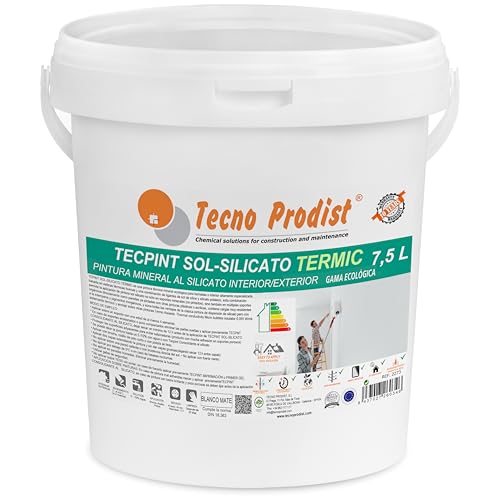 Tecno Prodist TECPINT SOL-SILICATO TERMIC (7,5 Litros) Pintura al silicato ecológica, mineral, interior - exterior al agua, 100% Natural, Paredes y Techos, Transpirable - térmica (BLANCO)