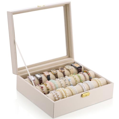 Nosiny Beige 3 Tubes Bracelet Display Box Bracelet Display with Clear Lid Bangle Box Watch and Bracelets Holder Oganizer for Women Retail Bracelets Watch Stores (3 Rolls PU Leather)