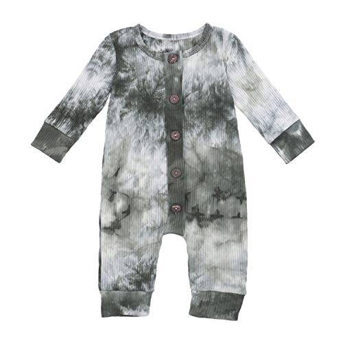 Voydsunflower Newborn Baby Boys Girls Long Sleeve Tie-Dye Romper Knitted Ribbed Jumpsuit Button Down Coveralls Pajamas Fall Winter Clothes (0-6 Months, ArmyGreen)