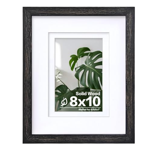 Egofine 8x10 Picture Frames Made of Solid Wood with Plexiglass, Display Pictures 4x6/5x7 with Mat or 8x10 Without Mat for Tabletop and Wall Mounting, Driftwood Black