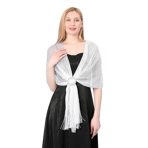 Image of Stoles for Evening Dress with Buckle, Fringes - Polyester Blend, Shimmer Stole Wraps for Weddings, Party | Women's Clothing