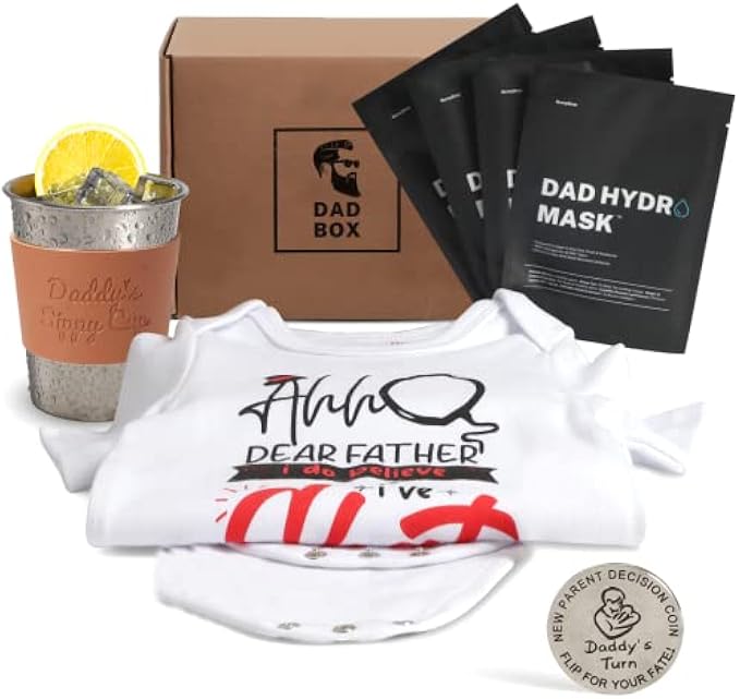 Dad to Be Gift Box - The Bonding Box - Gifts for 1st Time New or Soon to Be Dad - Father Sippy Cup, Funny Cute Baby Infant Creeper Onesie, Parent Decision Coin for Couples, Facemask for Men