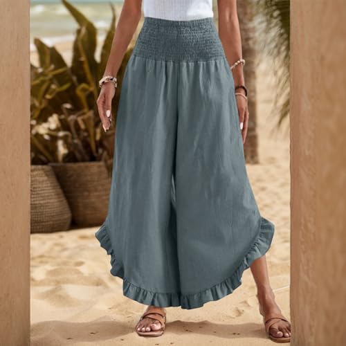 Wide Leg Pants Woman Casual Summer Smocked High Waisted Linen Pants Flowy Ruffle Hem Palazzo Pants with Pockets4