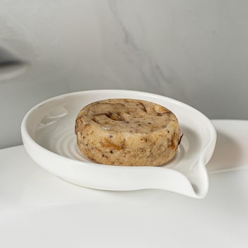 Self Draining Soap Dish, Ceramic Drain Soap Holder Waterfall Design Soap Saver for Shower, Bathroom, Sink, Kitchen and Countertop, Keeps Dry, White White Round