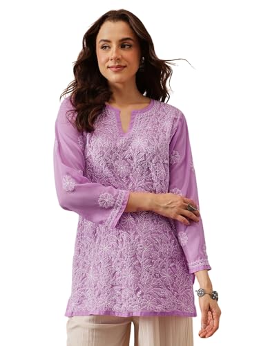 Image of Ada Women's Georgette Regular Fit Chikankari Hand Embroidered Lucknow Short Kurti Top A911224