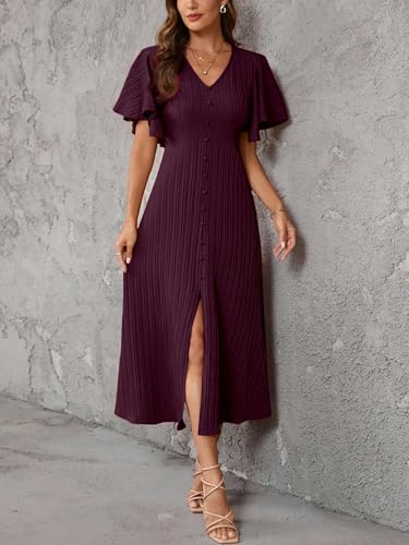 Image of Shasmi Girl's & Women's Pleated Midi Dress with Flutter Sleeves | V-Neck Western Dress for Women | Elegant A-Line Summer Outfit | Office & Casual Wear (Dress 244)
