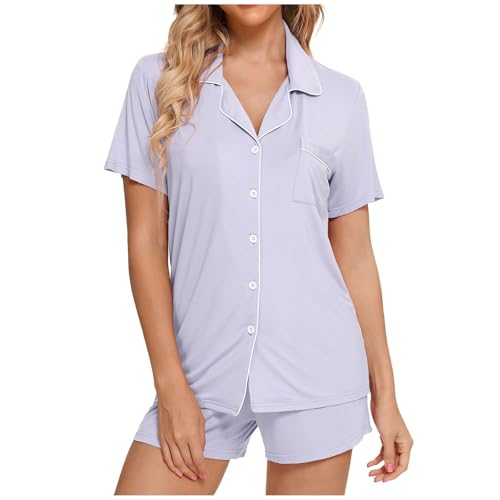 Bata corta para mujer, conjunto de pijama de manga corta, ropa de dormir con botones, pantalones cortos, conjuntos de ropa de hogar suave, camisón largo hasta la rodilla, Color lila claro., M