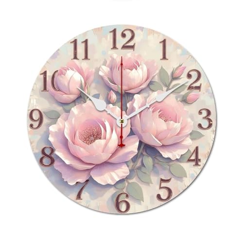 薔薇時計 淡いピンクの花びら 掛け時計 北欧 壁掛 木製 10in/12in 軽量 部屋飾り 人気 ギフト静音 非電波 読みやすい リビングルーム 寝室 オフィス 30*30cm