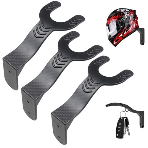 DGMI 3 Stück Helm Halterung Wand, Helmhalter mit Haken, Halterung für Motorradhelm, Helmhalterung Wand, Wandmontage Helmhalter für Aufhängen von Schlüssel und Motorradhelm (Schwarz)