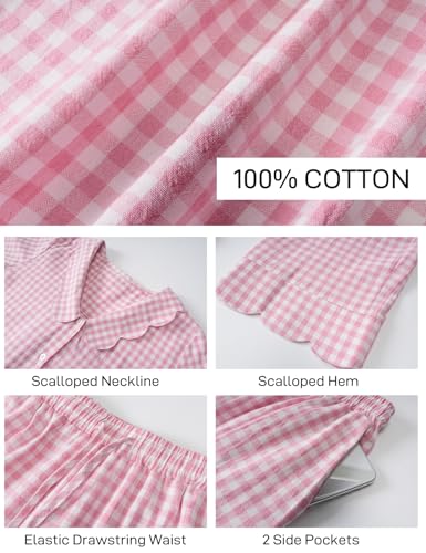 Image of Flygo Womens Gingham Pajamas Set Cotton 2 Piece Pj Set Scalloped Collar Babydoll Shirt Pants Plaid Y2K Lounge Sets