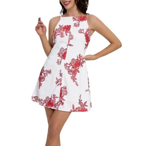 FANCYINN Women’s Halter Neck A-Line Mini Dress with Pockets Adjustable Spaghetti Strap Backless Elegant Date Night Dresses Red Flowers X-Small