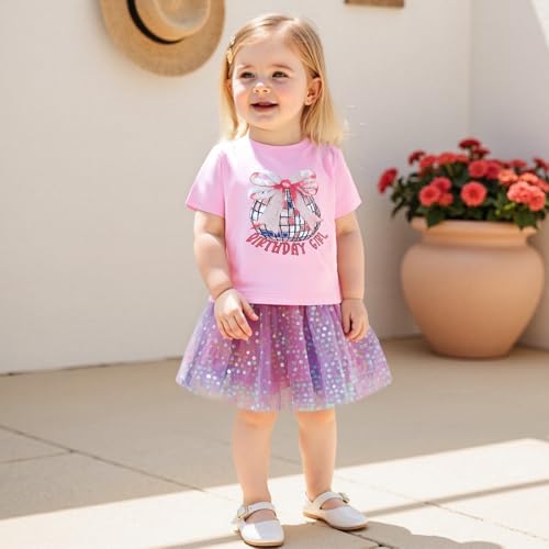 Image of Kayotuas Toddler Girl Summer Outfits Bow Embroidery Short Sleeve T-shirt and Sparkle Tutu Skirt Cute Sister Matching Dresses