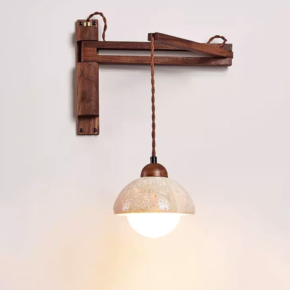 LUOYAOB Swing Arm Wall Sconce Hardwired Stone Wall Light Wabi Sabi Adjustable Wall Lamp Mid Century Wood Wall Sconce Bedside Reading Light for Bedroom Home Bar Hallway Decor(A款)