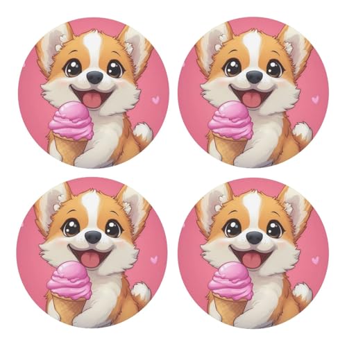 BoltPack Posavasos redondos con base de corcho, diseño de helado, con diseño de corgi, juego de 4 posavasos, alfombrilla de protección de mesa para tazas y tazas