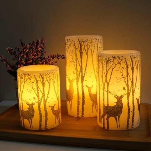 Image of Gold Deer Flameless Candles with 6H Timer, Set of 3 Real Wax LED Flickering Candles, Christmas Pillar Candles with Gold Elk Decor for Home Party Decorations(H6 x D3)