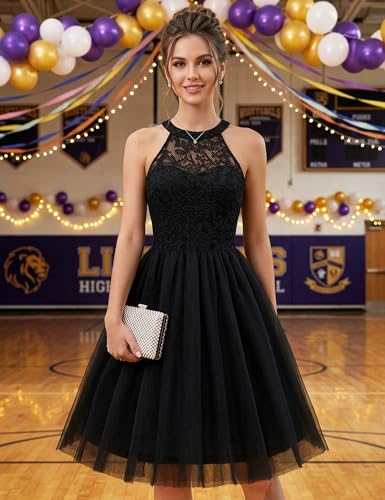 Image of Dressystar Women's Sequin Short Prom Dress Sparkly Halter Tulle Cocktail Party Homecoming Dresses
